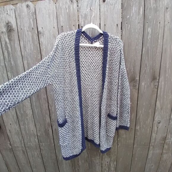 Caslon size L open front cardigan ribbon yarn blue white - Picture 4 of 11